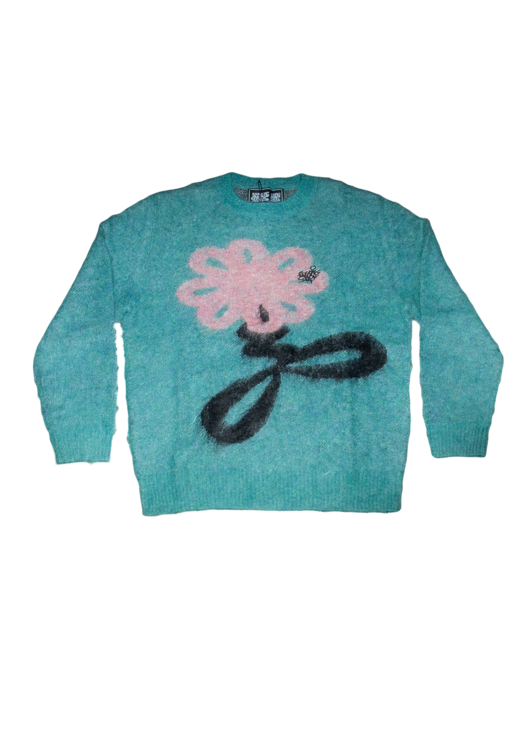 Blue Mohair Jumper with Pink Flower