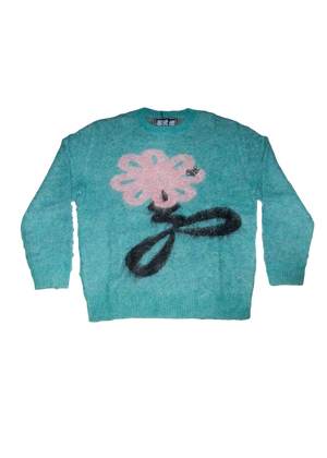 Blue Mohair Jumper with Pink Flower