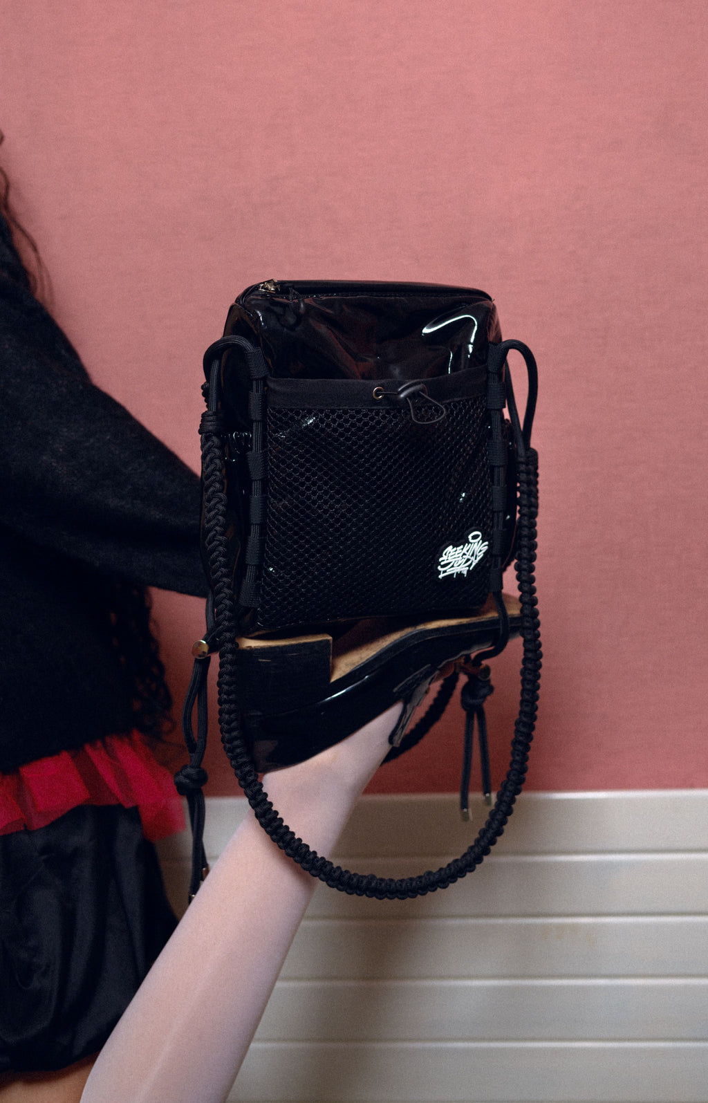 'Rain proof' Small Metallic Bag Black Patent